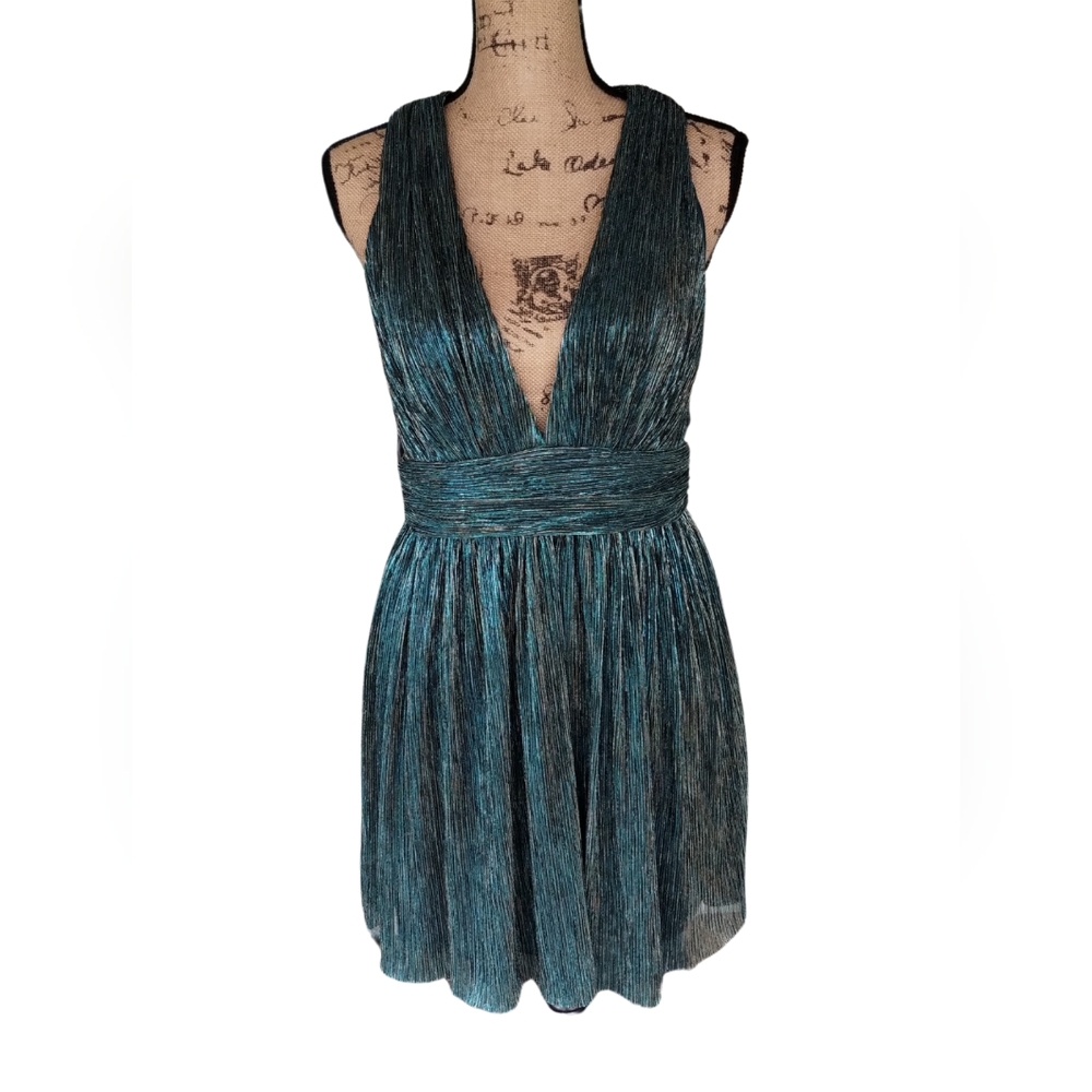 Lulu's Ailey Gold And Teal Metallic Twist Back Skater Dress Size L